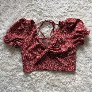 SHEIN Red Floral Puff Sleeve Crop Top